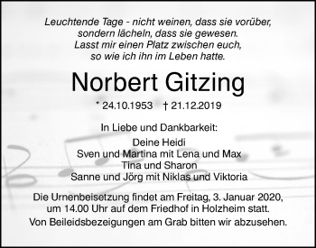 Traueranzeige von Norbert Gitzing von SÜDWEST PRESSE Ausgabe Ulm/Neu-Ulm