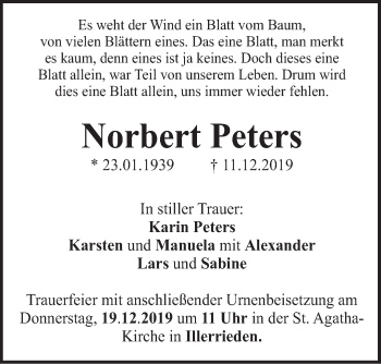 Traueranzeige von Norbert Peters von Illertal Bote