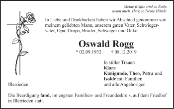 Traueranzeige von Oswald Rogg von Illertal Bote