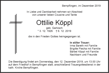 Traueranzeige von Ottilie Köppl von Metzinger-Uracher Volksblatt