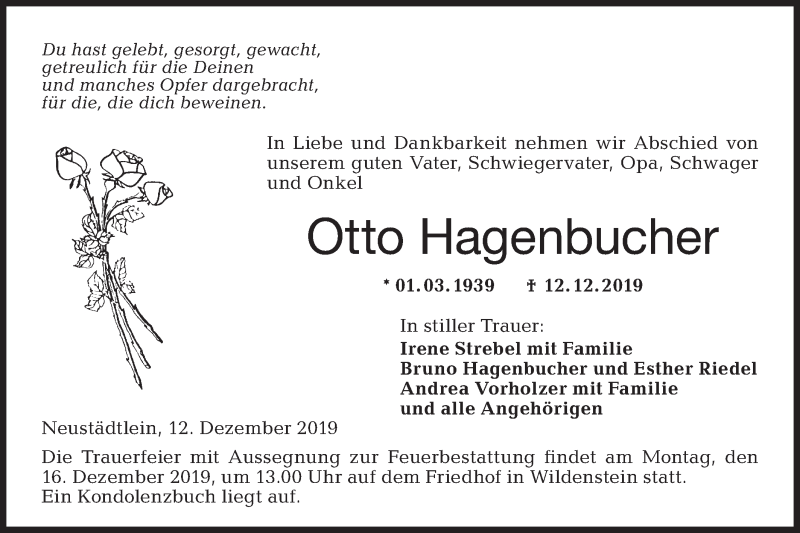  Traueranzeige für Otto Hagenbucher vom 14.12.2019 aus Hohenloher Tagblatt