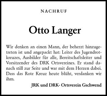 Traueranzeige von Otto Langer von Rundschau Gaildorf