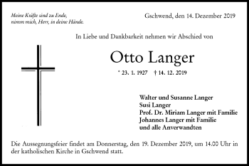 Traueranzeige von Otto Langer von Rundschau Gaildorf