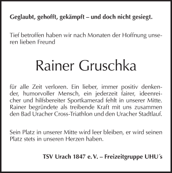 Traueranzeige von Rainer Gruschka von Metzinger-Uracher Volksblatt