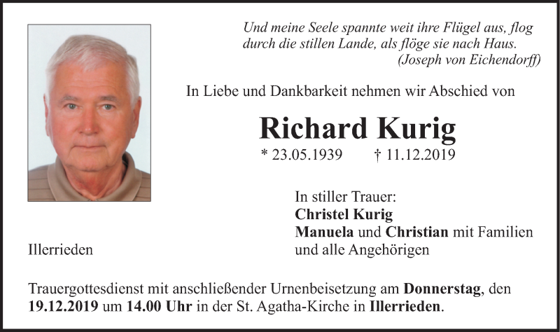  Traueranzeige für Richard Kurig vom 17.12.2019 aus Illertal Bote