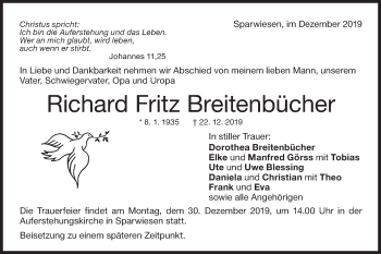 Traueranzeige von Richard Fritz Breitenbücher von NWZ Neue Württembergische Zeitung