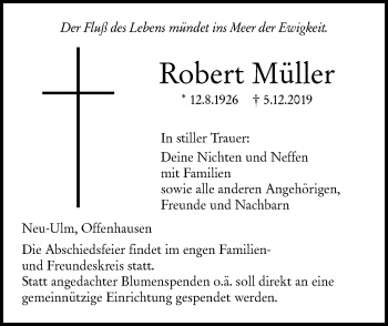 Traueranzeige von Robert Müller von SÜDWEST PRESSE Ausgabe Ulm/Neu-Ulm