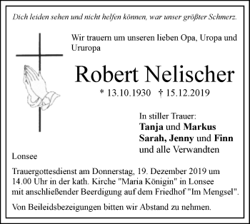 Traueranzeige von Robert Nelischer von SÜDWEST PRESSE Ausgabe Ulm/Neu-Ulm