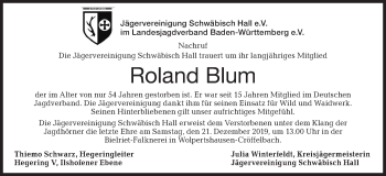 Traueranzeige von Roland Blum von Haller Tagblatt