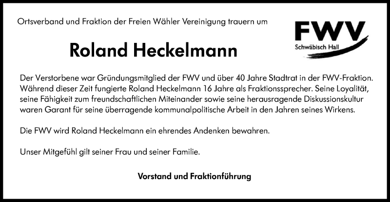  Traueranzeige für Roland Heckelmann vom 03.12.2019 aus Haller Tagblatt