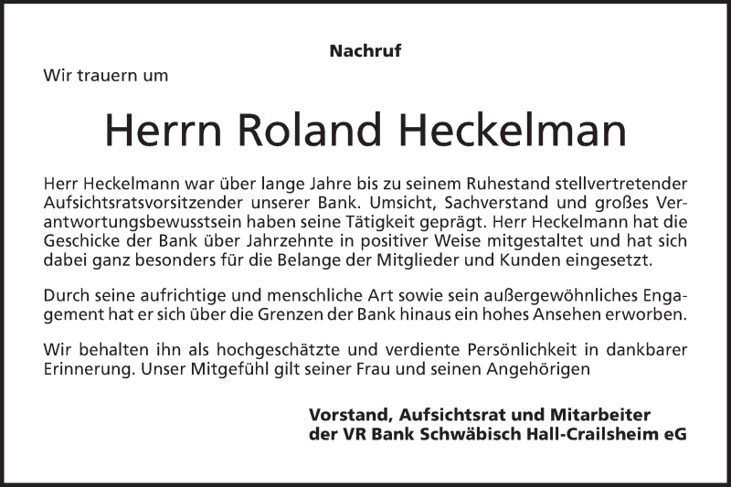  Traueranzeige für Roland Heckelmann vom 03.12.2019 aus Haller Tagblatt