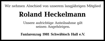 Traueranzeige von Roland Heckelmann von Haller Tagblatt