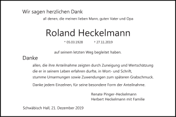 Traueranzeige von Roland Heckelmann von Haller Tagblatt