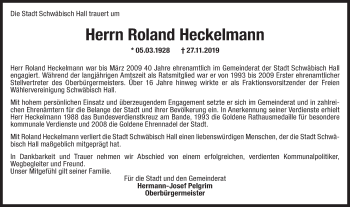 Traueranzeige von Roland Heckelmann von Haller Tagblatt