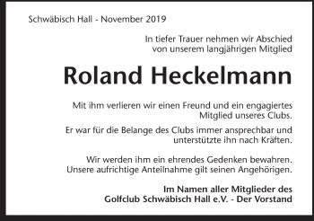 Traueranzeige von Roland Heckelmann von Haller Tagblatt