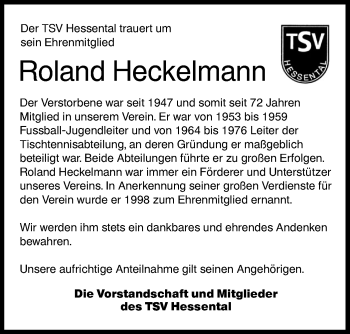 Traueranzeige von Roland Heckelmann von Haller Tagblatt