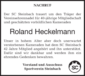 Traueranzeige von Roland Heckelmann von Haller Tagblatt