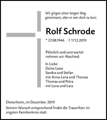 Traueranzeige von Rolf Schrode von Illertal Bote