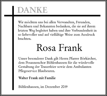 Traueranzeige von Rosa Frank von SÜDWEST PRESSE Ausgabe Ulm/Neu-Ulm