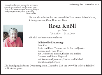 Traueranzeige von Rosa Knöll von Metzinger-Uracher Volksblatt