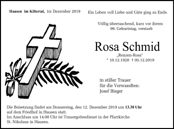 Traueranzeige von Rosa Schmid von Hohenzollerische Zeitung