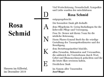 Traueranzeige von Rosa Schmid von Hohenzollerische Zeitung