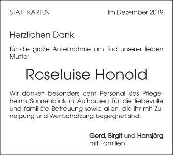 Traueranzeige von Roseluise Honold von Geislinger Zeitung