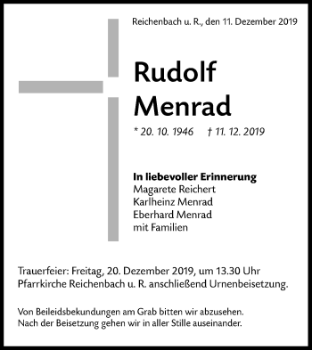 Traueranzeige von Rudolf Menrad von NWZ Neue Württembergische Zeitung