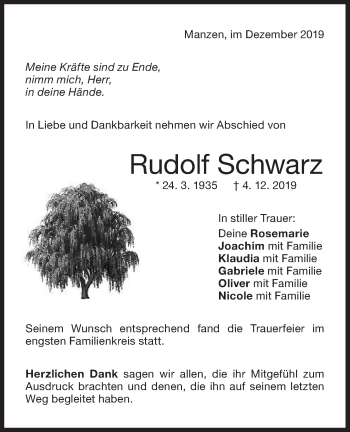 Traueranzeige von Rudolf Schwarz von NWZ Neue Württembergische Zeitung