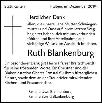 Traueranzeige von Ruth Blankenburg von Alb-Bote/Metzinger-Uracher Volksblatt