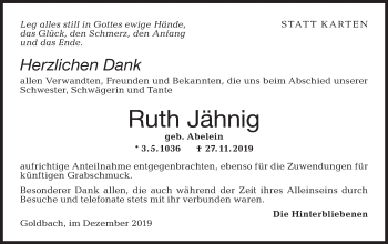 Traueranzeige von Ruth Jähnig von Hohenloher Tagblatt