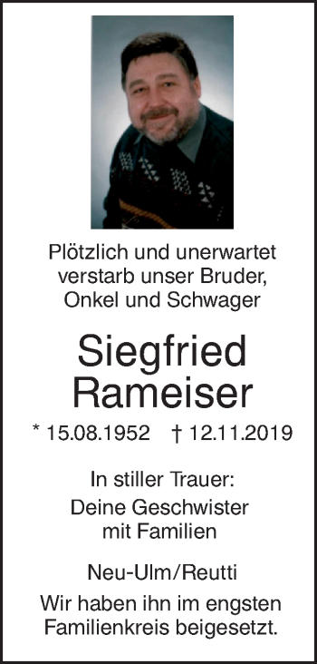 Traueranzeige von Siegfried Rameiser von SÜDWEST PRESSE Ausgabe Ulm/Neu-Ulm