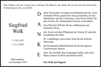 Traueranzeige von Siegfried Welk von Haller Tagblatt