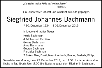 Traueranzeige von Siegfried Johannes Bachmann von Alb-Bote/Metzinger-Uracher Volksblatt