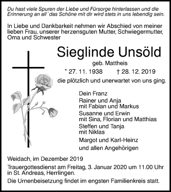 Traueranzeige von Sieglinde Unsöld von SÜDWEST PRESSE Ausgabe Ulm/Neu-Ulm