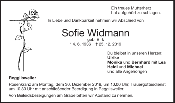 Traueranzeige von Sofie Widmann von Illertal Bote