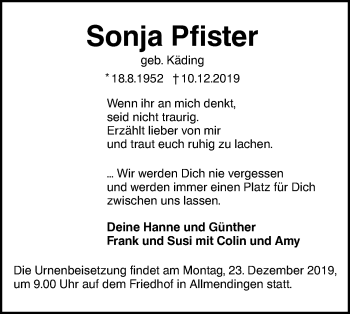 Traueranzeige von Sonja Pfister von Ehinger Tagblatt