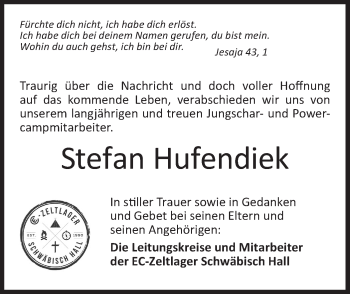 Traueranzeige von Stefan Hufendiek von Haller Tagblatt