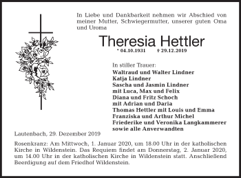 Traueranzeige von Theresia Hettler von Hohenloher Tagblatt