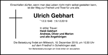 Traueranzeige von Ulrich Gebhart von Ehinger Tagblatt