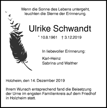 Traueranzeige von Ulrike Schwandt von SÜDWEST PRESSE Ausgabe Ulm/Neu-Ulm