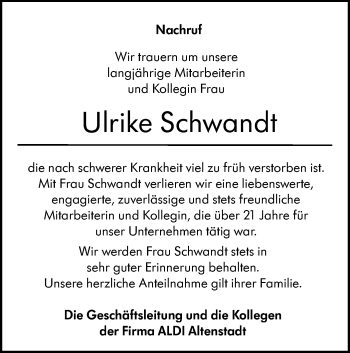 Traueranzeige von Ulrike Schwandt von SÜDWEST PRESSE Ausgabe Ulm/Neu-Ulm