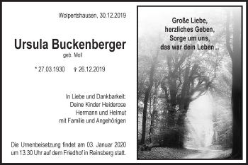 Traueranzeige von Ursula Buckenberger von Haller Tagblatt