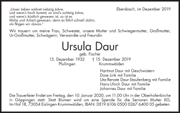 Traueranzeige von Ursula Daur von NWZ Neue Württembergische Zeitung/Geislinger Zeitung