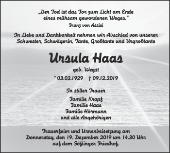 Traueranzeige von Ursula Haas von SÜDWEST PRESSE Ausgabe Ulm/Neu-Ulm