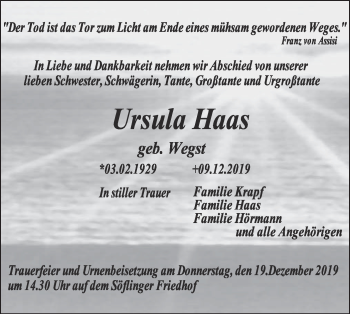 Traueranzeige von Ursula Haas von SÜDWEST PRESSE Ausgabe Ulm/Neu-Ulm