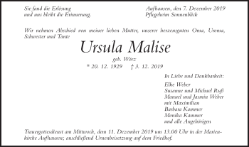 Traueranzeige von Ursula Malise von Geislinger Zeitung