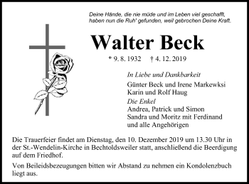 Traueranzeige von Walter Beck von Hohenzollerische Zeitung