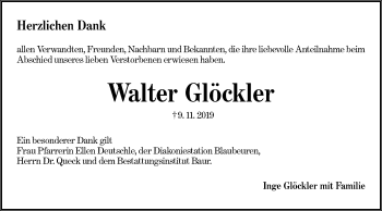 Traueranzeige von Walter Glöckler von SÜDWEST PRESSE