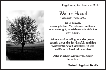 Traueranzeige von Walter Hagel von Haller Tagblatt